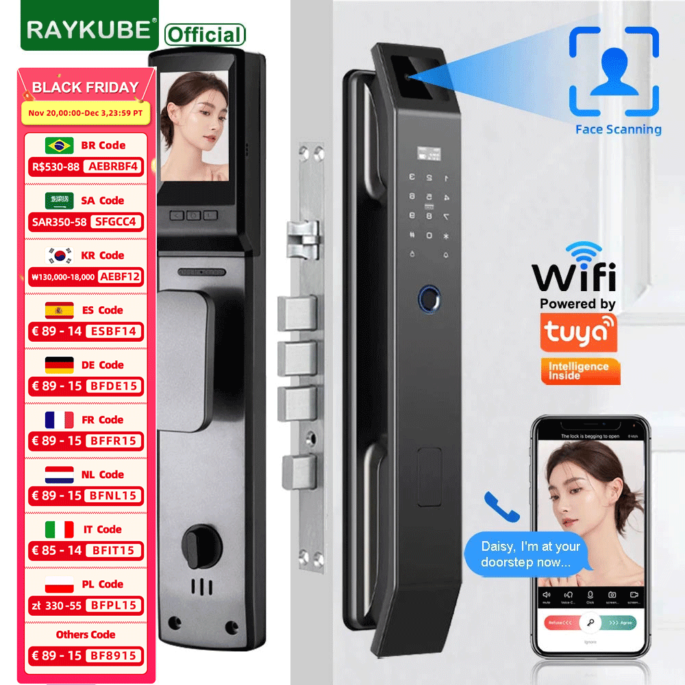 Video Door Lock With Camera Peephole - RAYKUBE DF14 Tuya WiFi 3D Riconoscimento